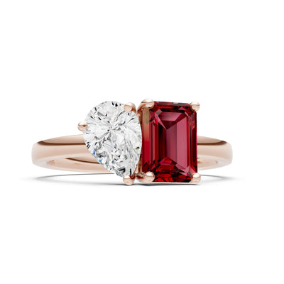 Cocktail Ring with Emerald Cut Gemstone and Pear Lab Grown Diamond