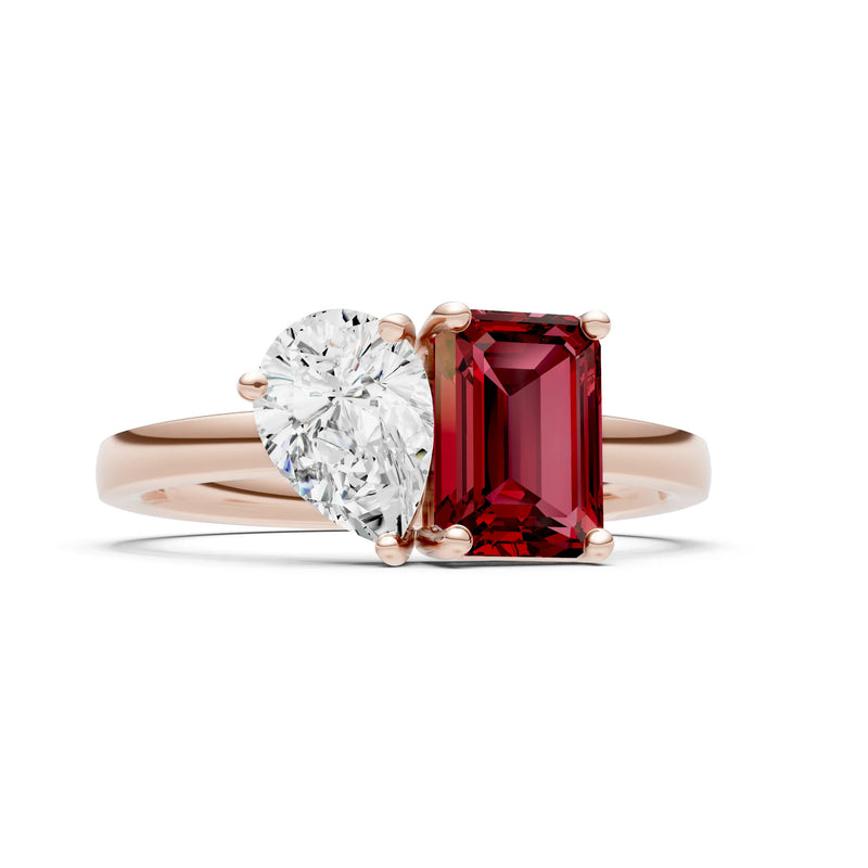 Cocktail Ring with Emerald Cut Gemstone and Pear Lab Grown Diamond