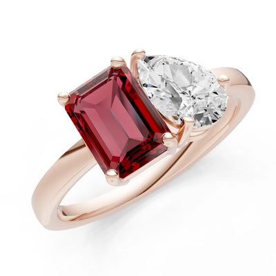 Cocktail Ring with Emerald Cut Gemstone and Pear Lab Grown Diamond