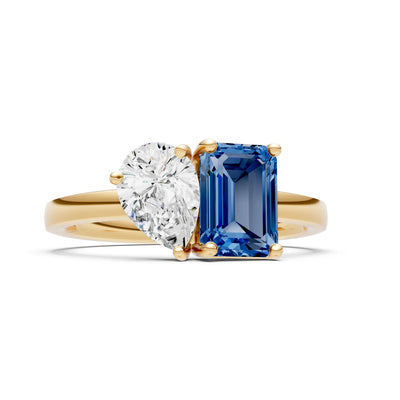 Cocktail Ring with Emerald Cut Gemstone and Pear Lab Grown Diamond
