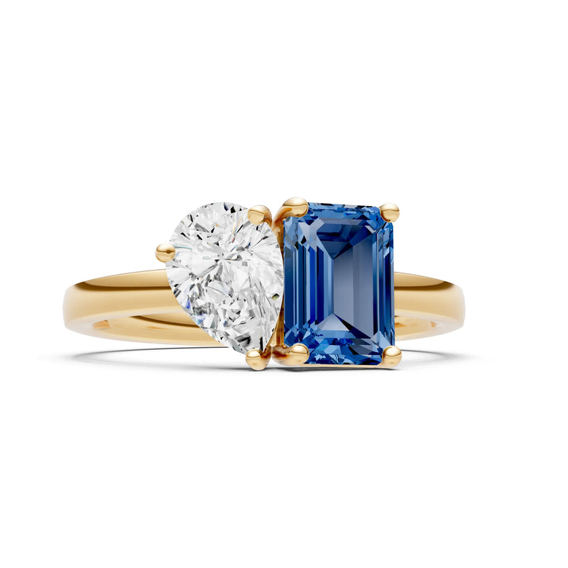 Cocktail Ring with Emerald Cut Gemstone and Pear Lab Grown Diamond