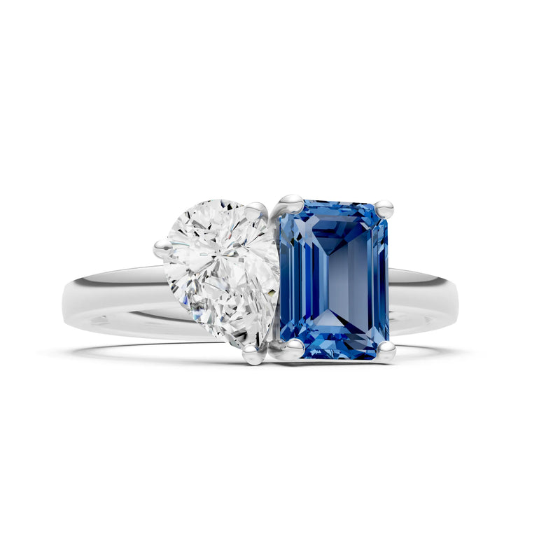 Cocktail Ring with Emerald Cut Gemstone and Pear Lab Grown Diamond