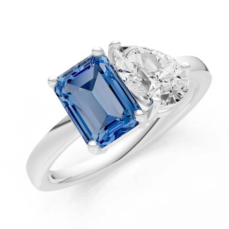 Cocktail Ring with Emerald Cut Gemstone and Pear Lab Grown Diamond