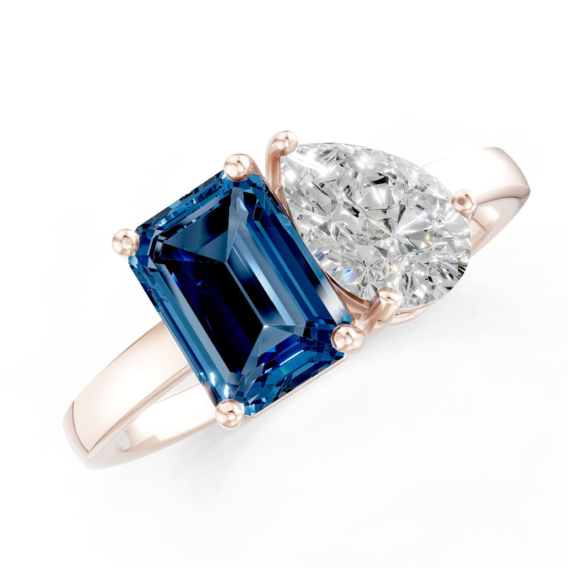 Cocktail Ring with Emerald Cut Gemstone and Pear Lab Grown Diamond