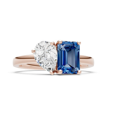 Cocktail Ring with Emerald Cut Gemstone and Pear Lab Grown Diamond