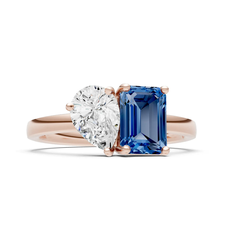 Cocktail Ring with Emerald Cut Gemstone and Pear Lab Grown Diamond