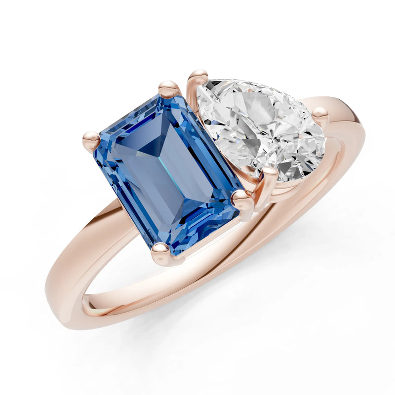 Cocktail Ring with Emerald Cut Gemstone and Pear Lab Grown Diamond