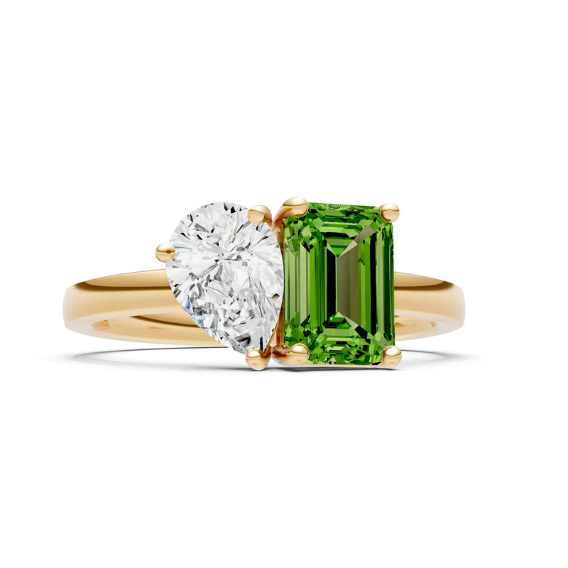 Cocktail Ring with Emerald Cut Gemstone and Pear Lab Grown Diamond