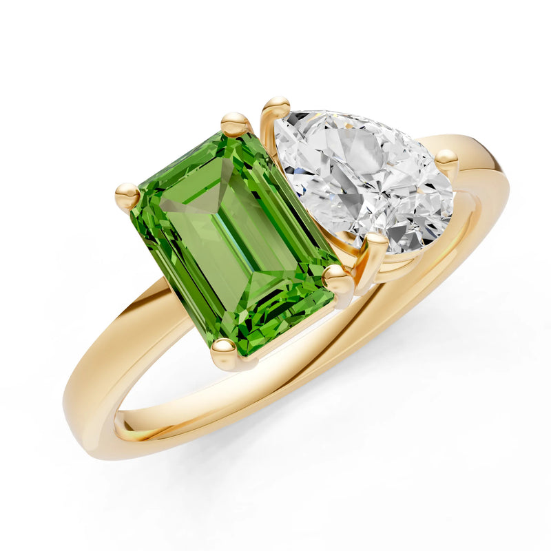 Cocktail Ring with Emerald Cut Gemstone and Pear Lab Grown Diamond