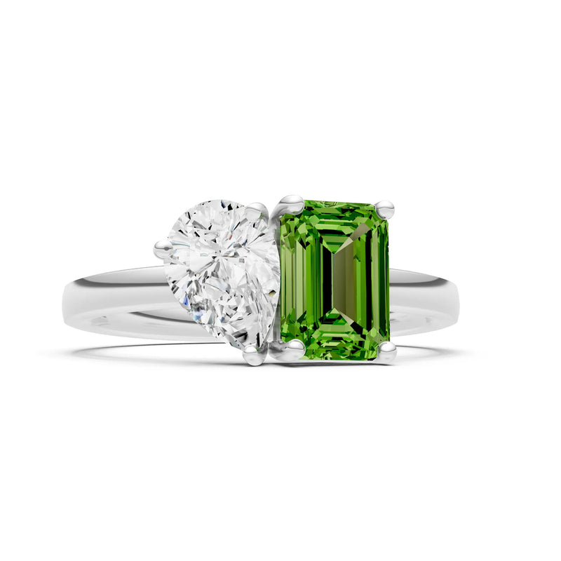 Cocktail Ring with Emerald Cut Gemstone and Pear Lab Grown Diamond