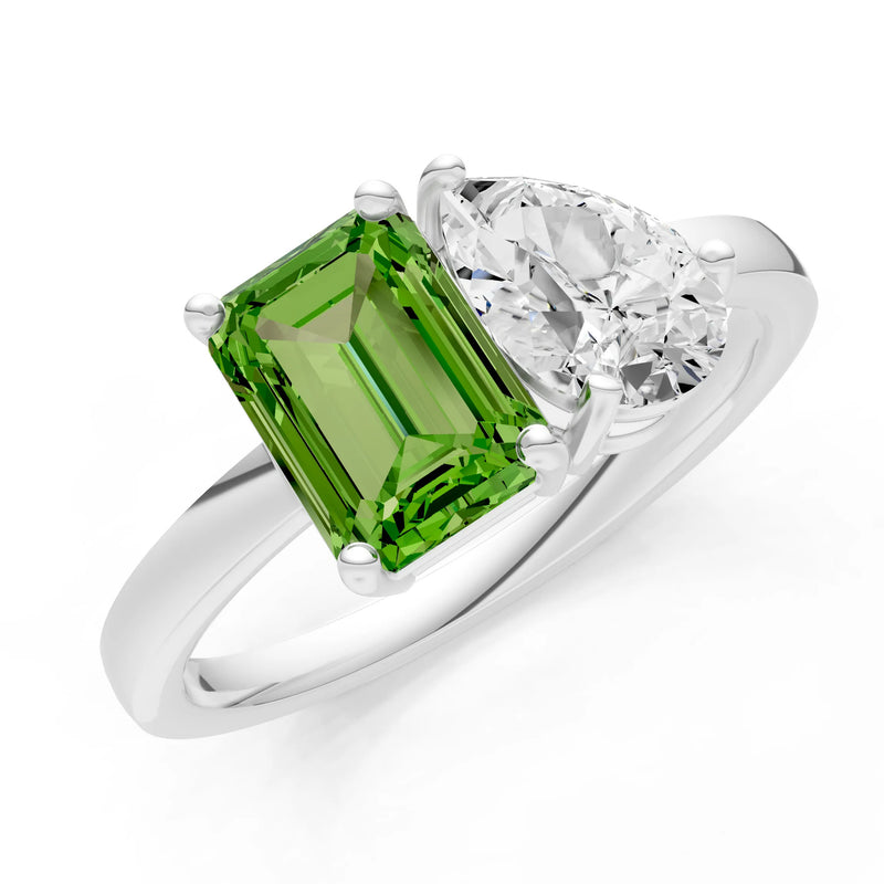 Cocktail Ring with Emerald Cut Gemstone and Pear Lab Grown Diamond