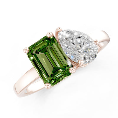 Cocktail Ring with Emerald Cut Gemstone and Pear Lab Grown Diamond