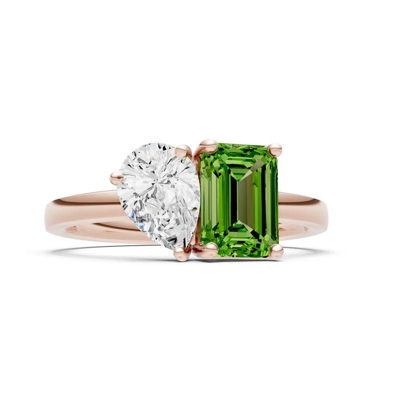 Cocktail Ring with Emerald Cut Gemstone and Pear Lab Grown Diamond