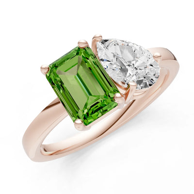 Cocktail Ring with Emerald Cut Gemstone and Pear Lab Grown Diamond
