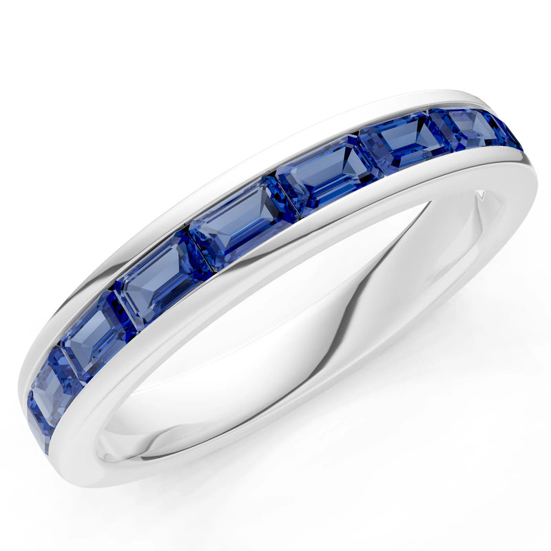 Blue Sapphire Minimalist Emerald-Cut Channel Set Half Eternity Band