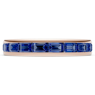 Blue Sapphire Minimalist Emerald-Cut Channel Set Half Eternity Band