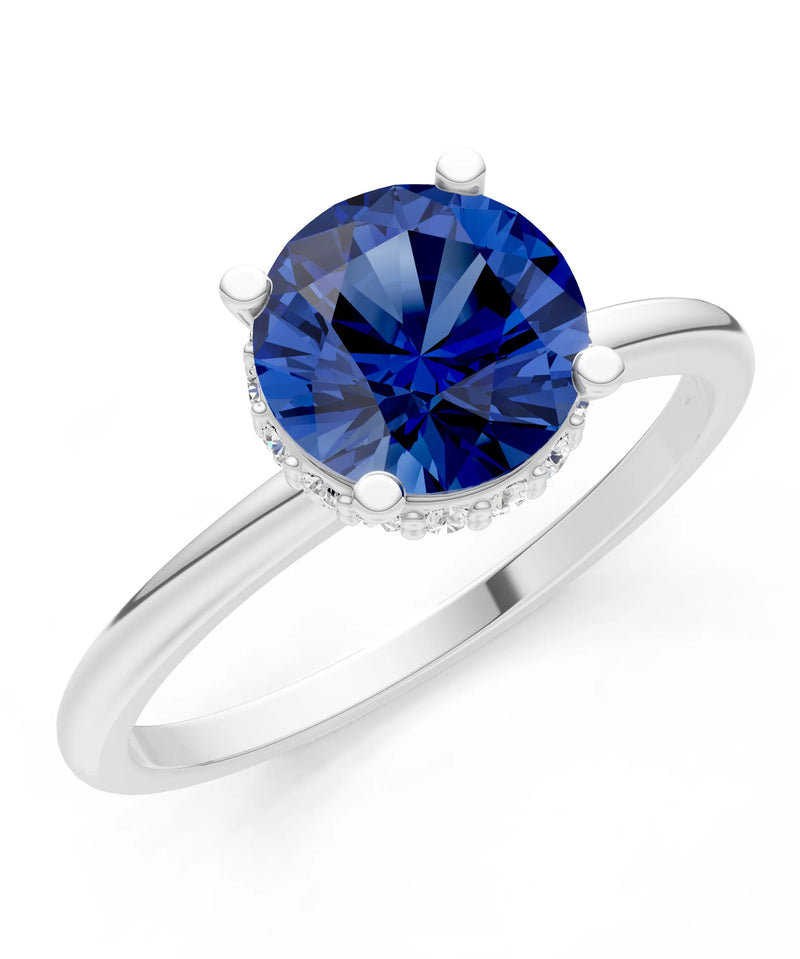 Blue Sapphire Round Shape Hidden Double Halo Engagement Ring