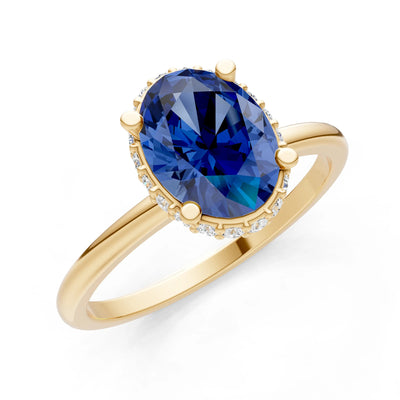 Blue Sapphire Oval Hidden Double Halo Engagement Ring