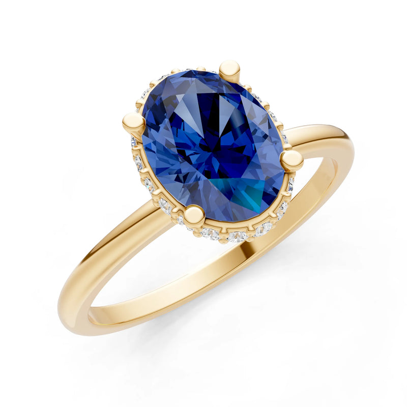 Blue Sapphire Oval Hidden Double Halo Engagement Ring