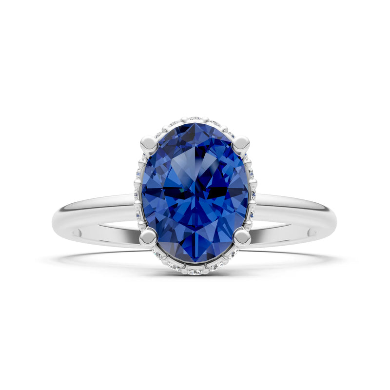 Blue Sapphire Oval Hidden Double Halo Engagement Ring