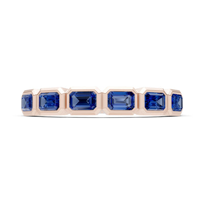 Blue Sapphire Minimalist Bezel Set Emerald Cut Half Eternity Band