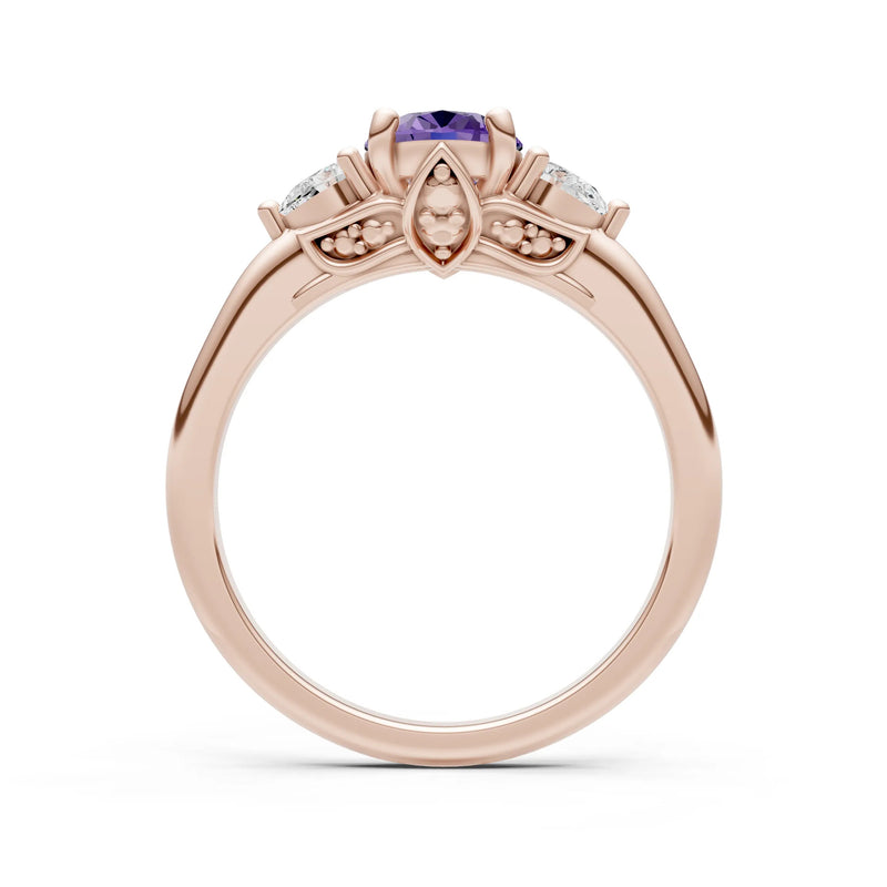 Trellis Three Stone Oval and Pear Gemstone Engagement Ring