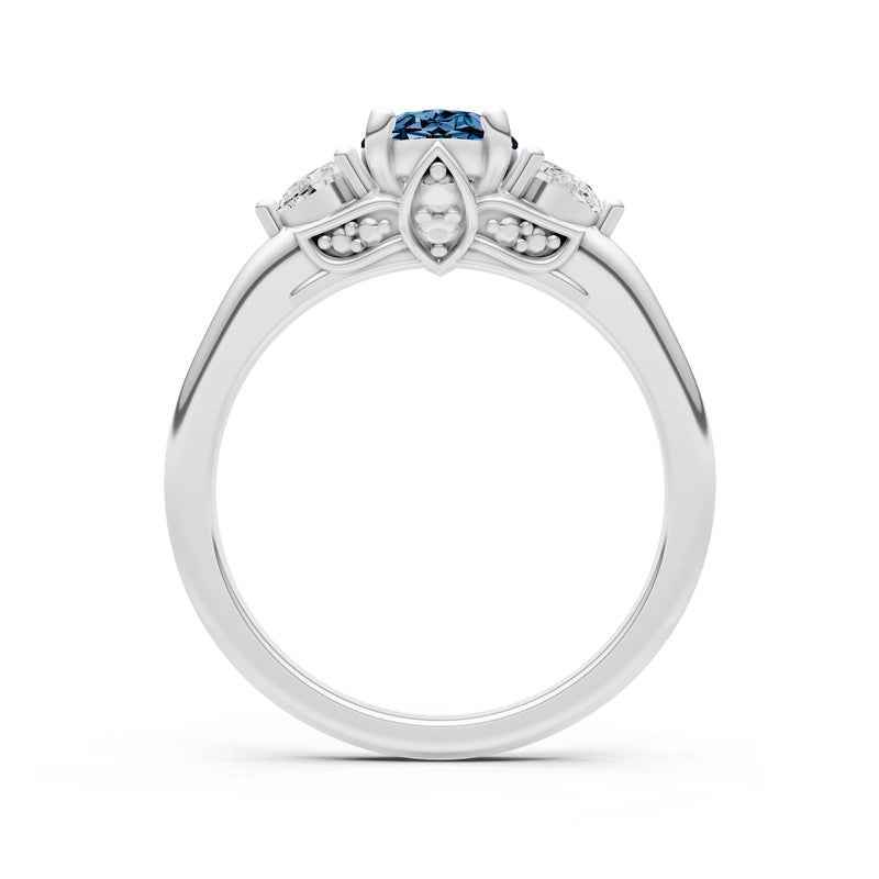 Trellis Three Stone Oval and Pear Gemstone Engagement Ring