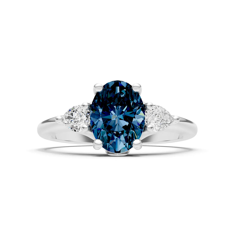 Created Alexandrite Oval 8x6mm Normal Trellis Three Stone Oval and Pear Lab Diamond Engagement Ring