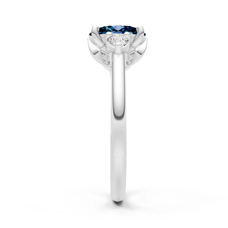 Created Alexandrite Oval 8x6mm Normal Trellis Three Stone Oval and Pear Lab Diamond Engagement Ring