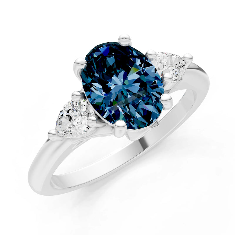 Created Alexandrite Oval 8x6mm Normal Trellis Three Stone Oval and Pear Lab Diamond Engagement Ring