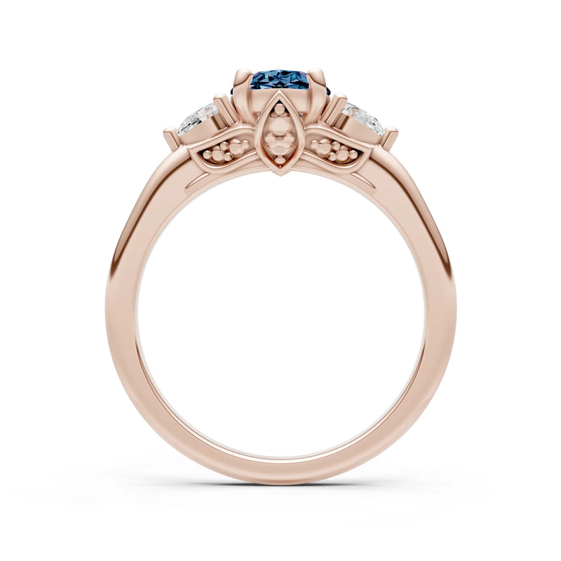 Created Alexandrite Oval 8x6mm Normal Trellis Three Stone Oval and Pear Lab Diamond Engagement Ring