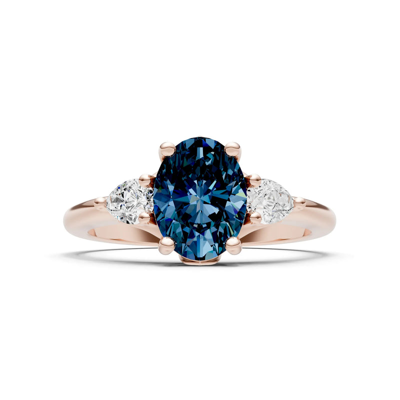 Created Alexandrite Oval 8x6mm Normal Trellis Three Stone Oval and Pear Lab Diamond Engagement Ring