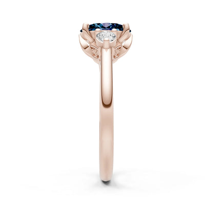 Created Alexandrite Oval 8x6mm Normal Trellis Three Stone Oval and Pear Lab Diamond Engagement Ring