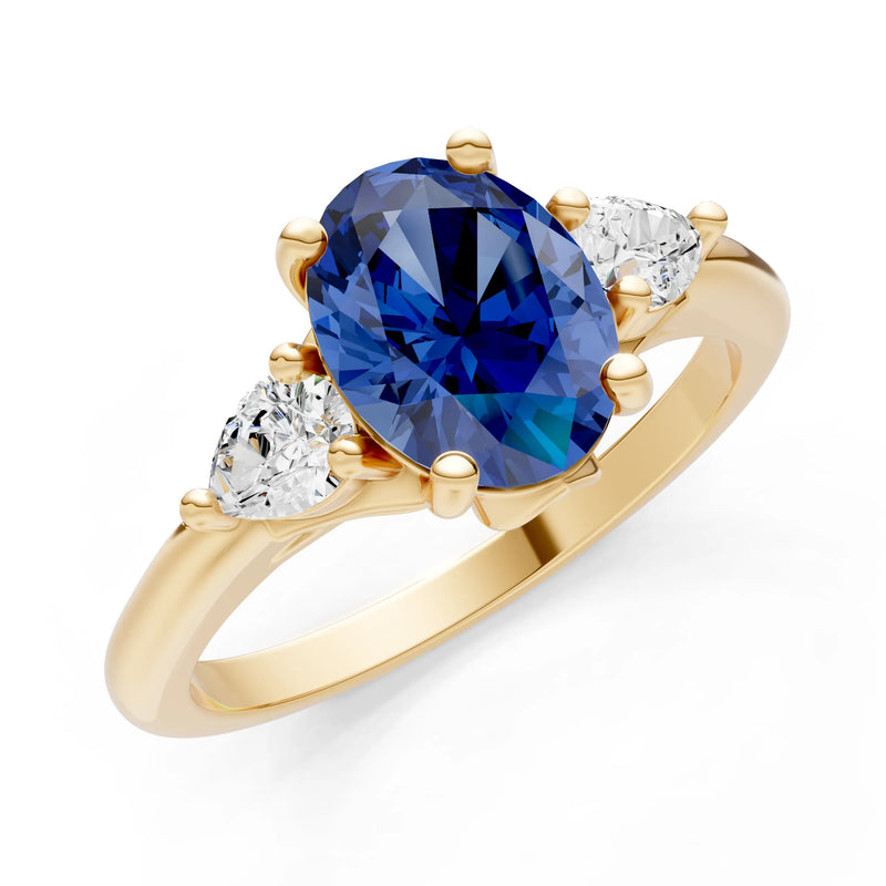 Trellis Three Stone Oval and Pear Gemstone Engagement Ring