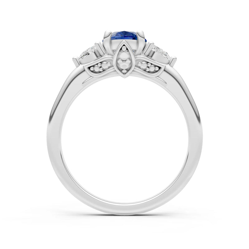 Trellis Three Stone Oval and Pear Gemstone Engagement Ring
