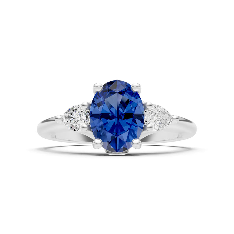 Trellis Three Stone Oval and Pear Gemstone Engagement Ring