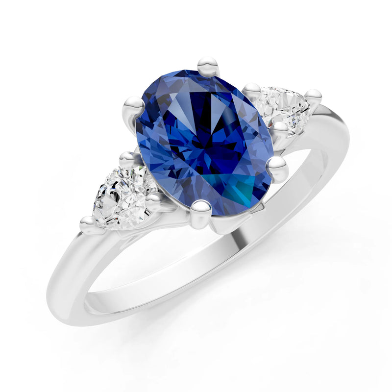 Trellis Three Stone Oval and Pear Gemstone Engagement Ring