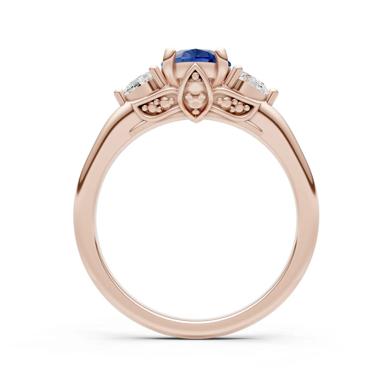 Trellis Three Stone Oval and Pear Gemstone Engagement Ring