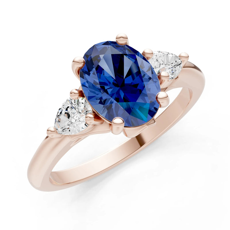 Trellis Three Stone Oval and Pear Gemstone Engagement Ring