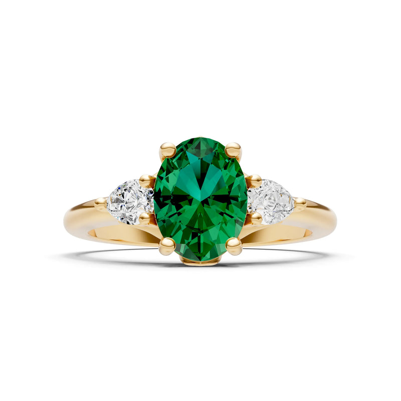 Created Emerald Oval 8x6mm Normal Trellis Three Stone Oval and Pear Lab Diamond Engagement Ring