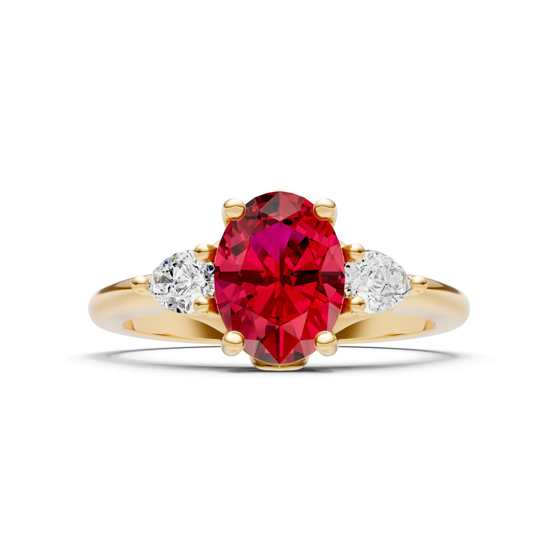 Trellis Three Stone Oval and Pear Gemstone Engagement Ring