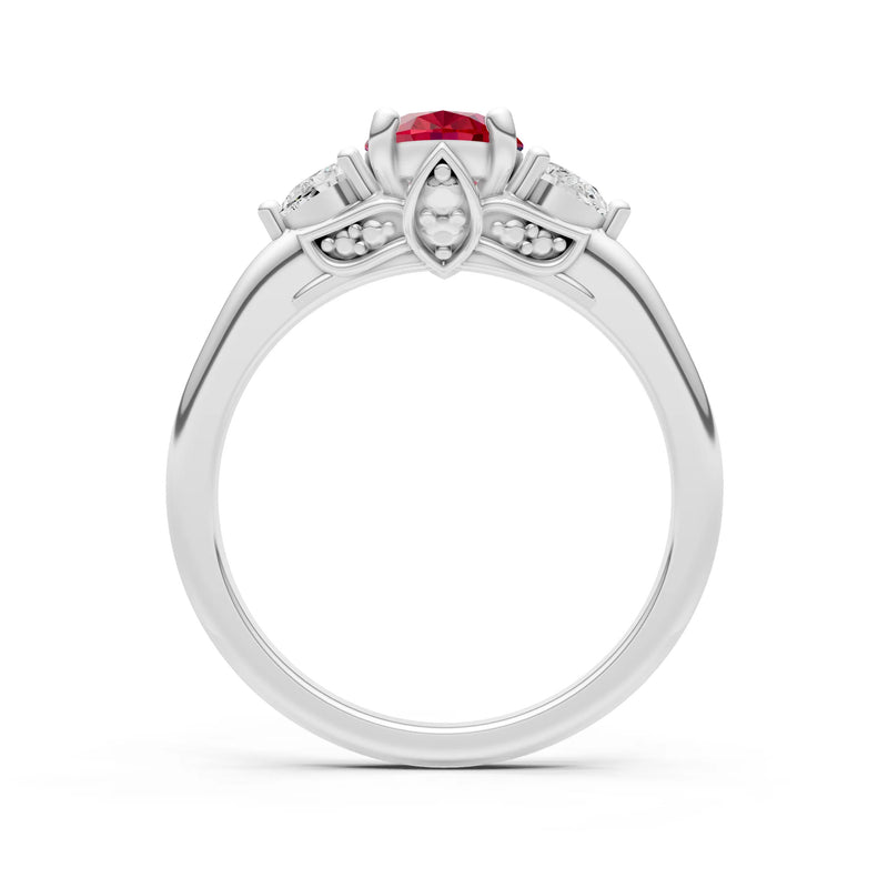 Trellis Three Stone Oval and Pear Gemstone Engagement Ring