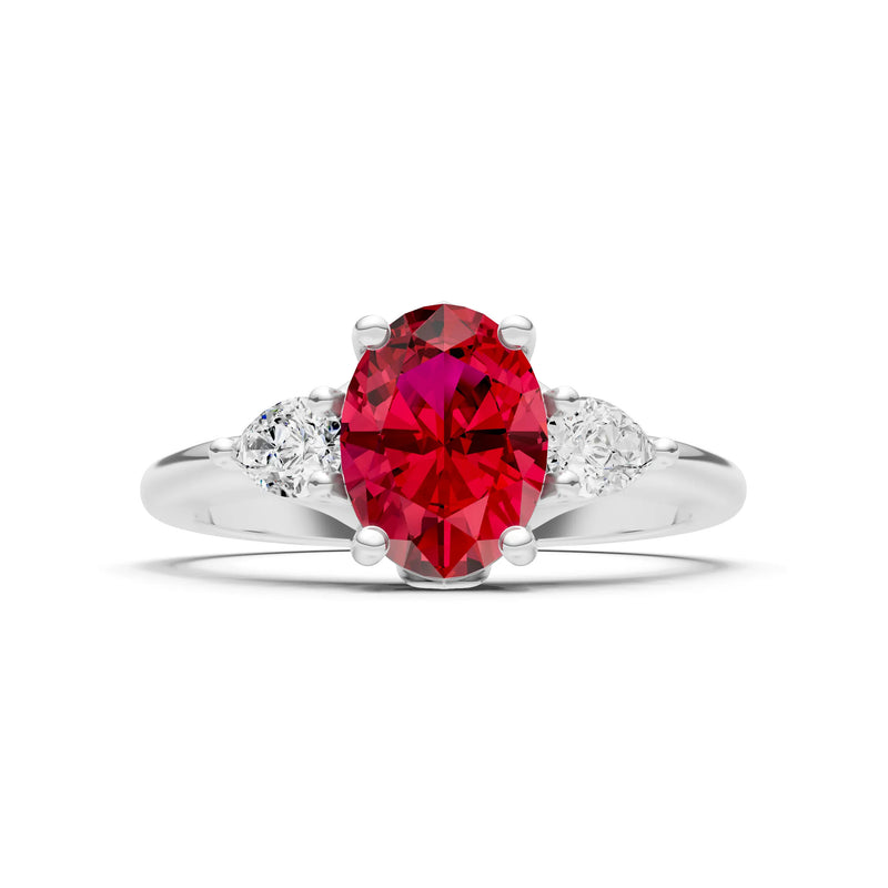 Trellis Three Stone Oval and Pear Gemstone Engagement Ring