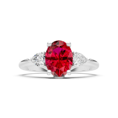 Created Ruby Oval 8x6mm Normal Trellis Three Stone Oval and Pear Lab Diamond Engagement Ring