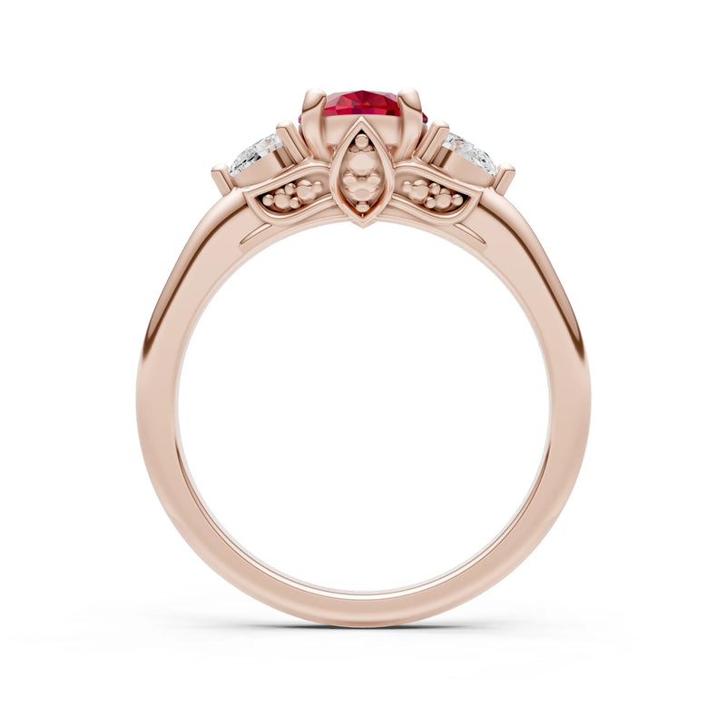 Created Ruby Oval 8x6mm Normal Trellis Three Stone Oval and Pear Lab Diamond Engagement Ring