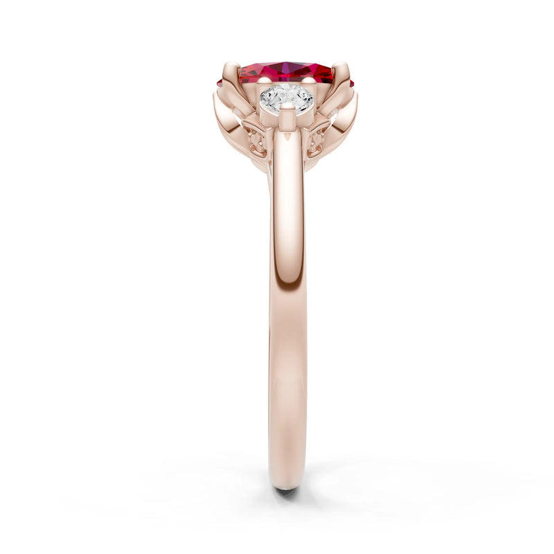 Created Ruby Oval 8x6mm Normal Trellis Three Stone Oval and Pear Lab Diamond Engagement Ring