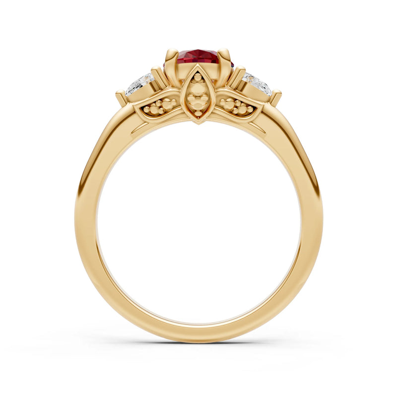 Trellis Three Stone Oval and Pear Gemstone Engagement Ring