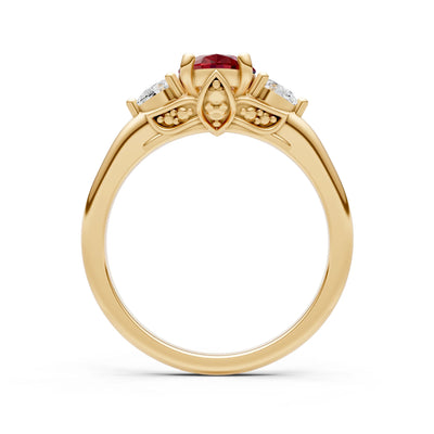 Garnet Oval 8x6mm Normal Gold Quality Trellis Three Stone Oval and Pear Lab Diamond Engagement Ring