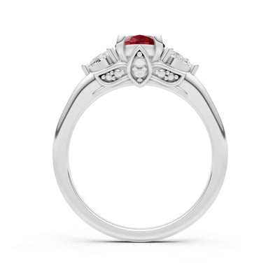 Garnet Oval 8x6mm Normal Gold Quality Trellis Three Stone Oval and Pear Lab Diamond Engagement Ring