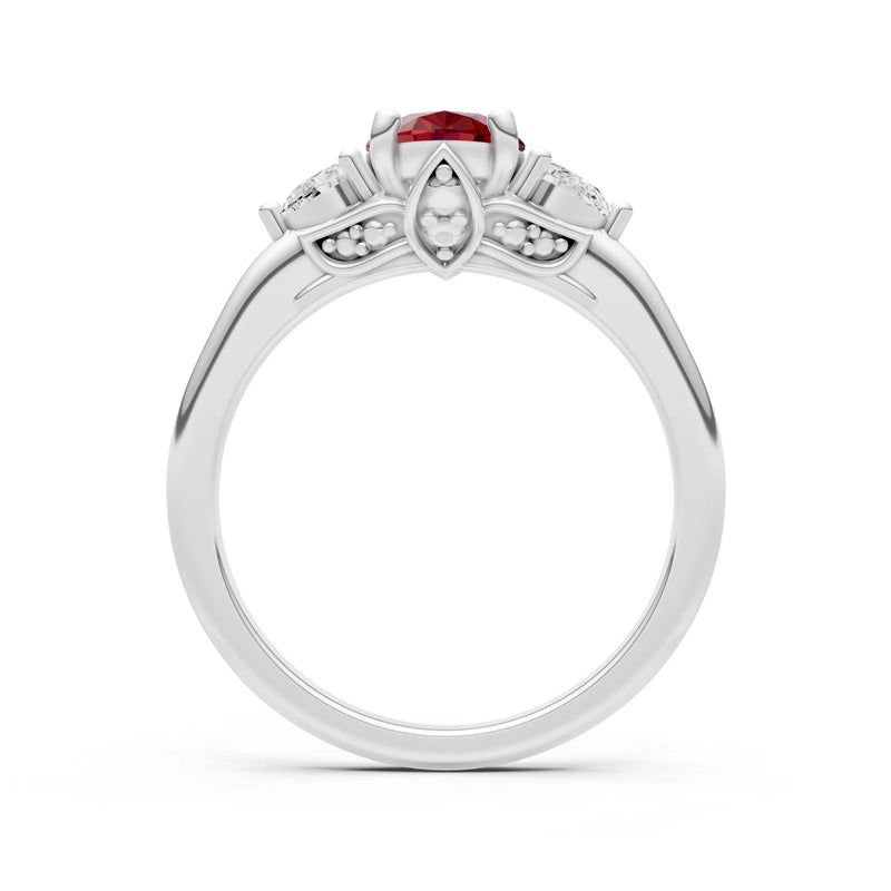 Garnet Oval 8x6mm Normal Gold Quality Trellis Three Stone Oval and Pear Lab Diamond Engagement Ring